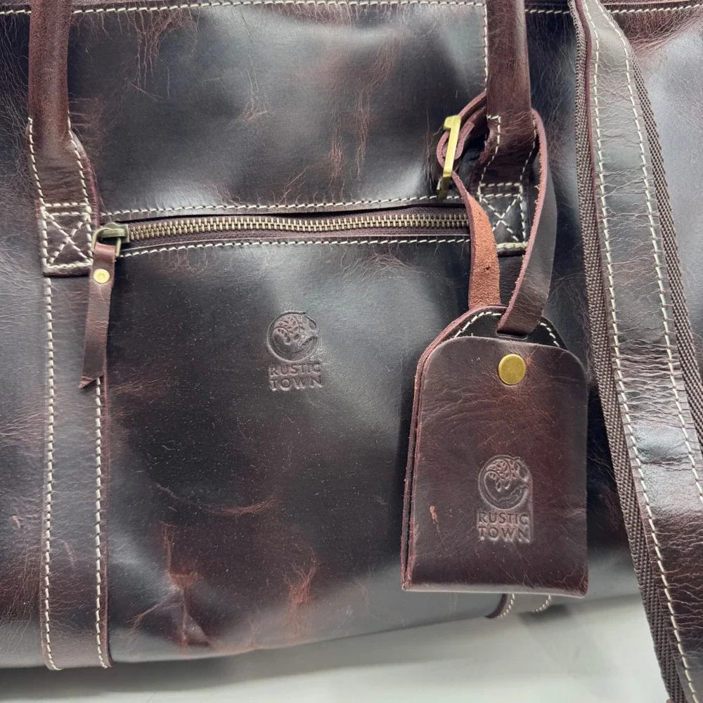 Rustic Town Leather Duffel Bag Dark Brown Weekender Travel Carry On Luggage Tag
